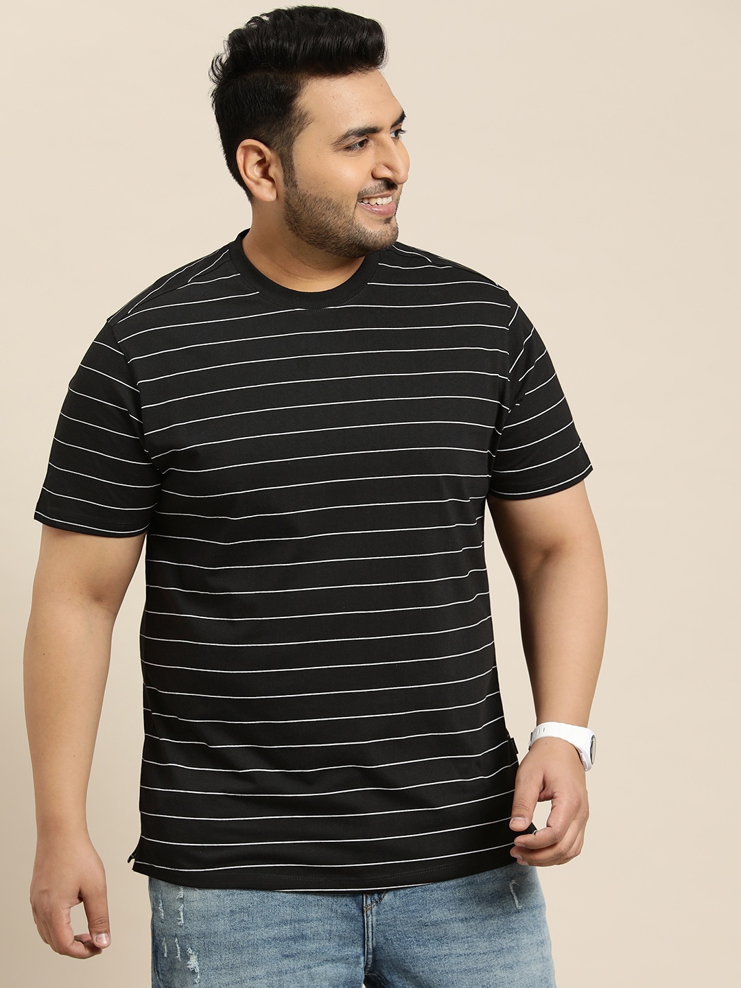

Sztori Men Plus Size Striped T-shirt, Black