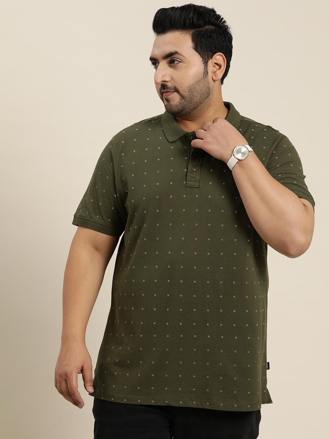 

Sztori Plus Size Printed Polo Collar Pure Cotton T-shirt, Olive