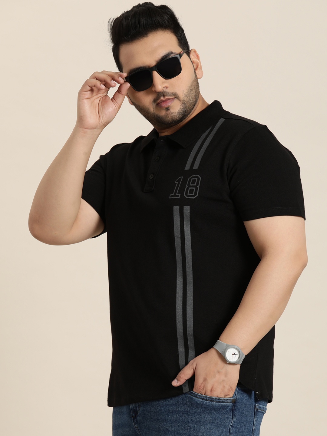 

Sztori Plus Size Striped Polo Collar Pure Cotton T-shirt, Black