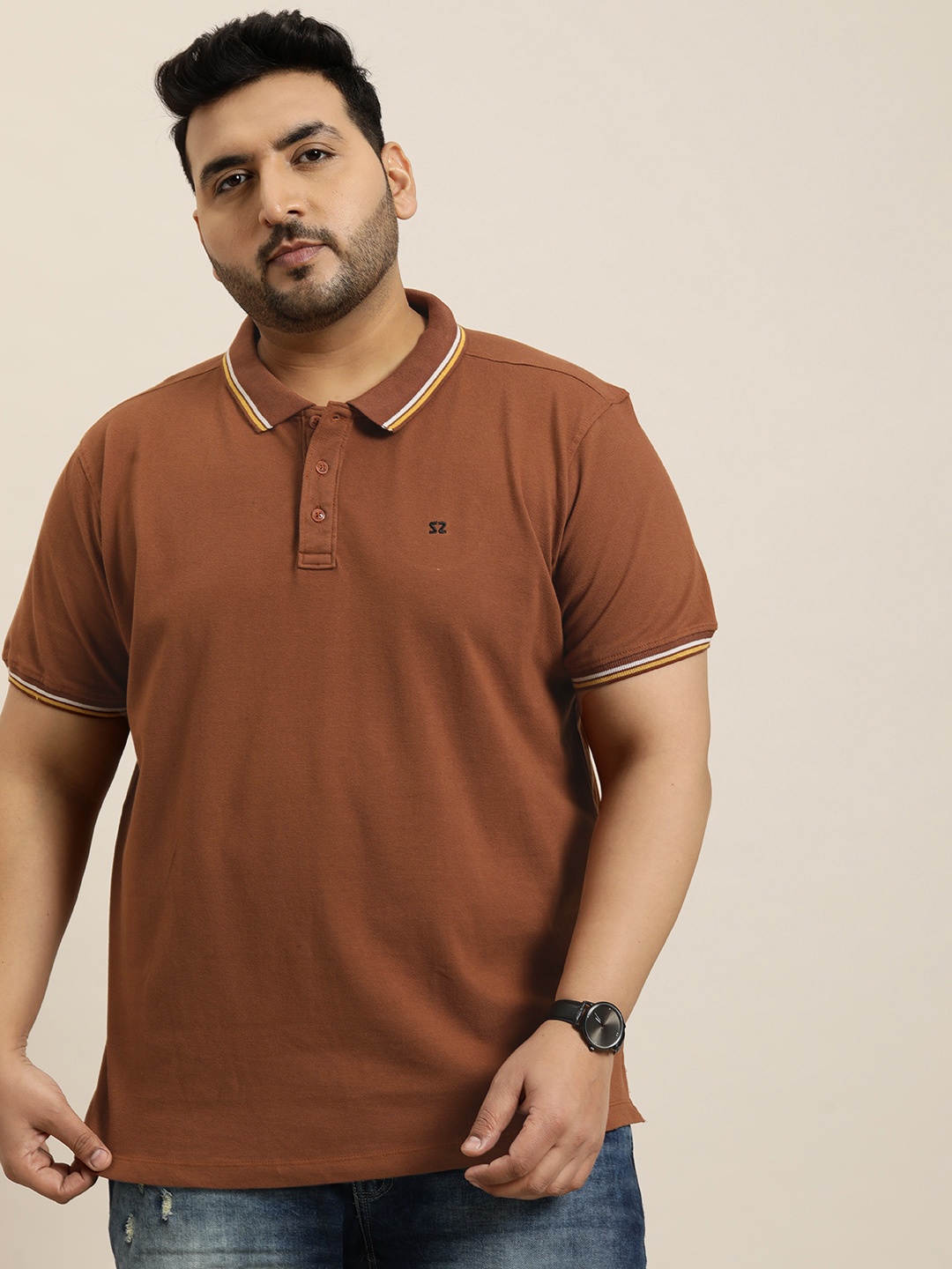 

Sztori Plus Size Polo Collar Pure Cotton T-shirt, Brown
