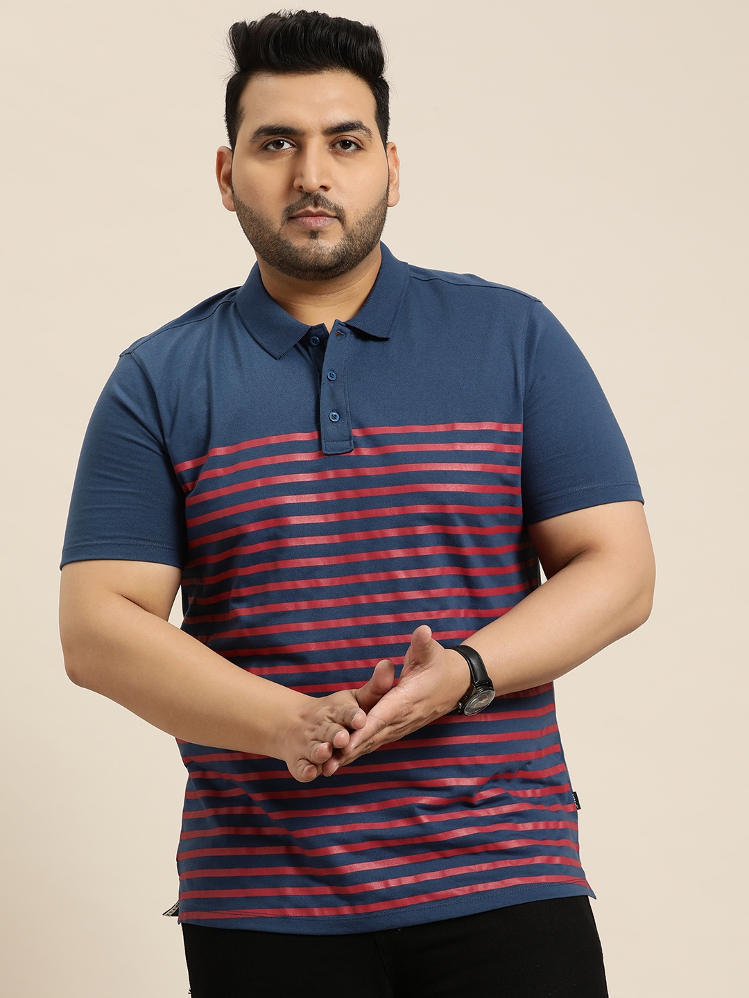 

Sztori Plus Size Striped Polo Collar T-shirt, Blue