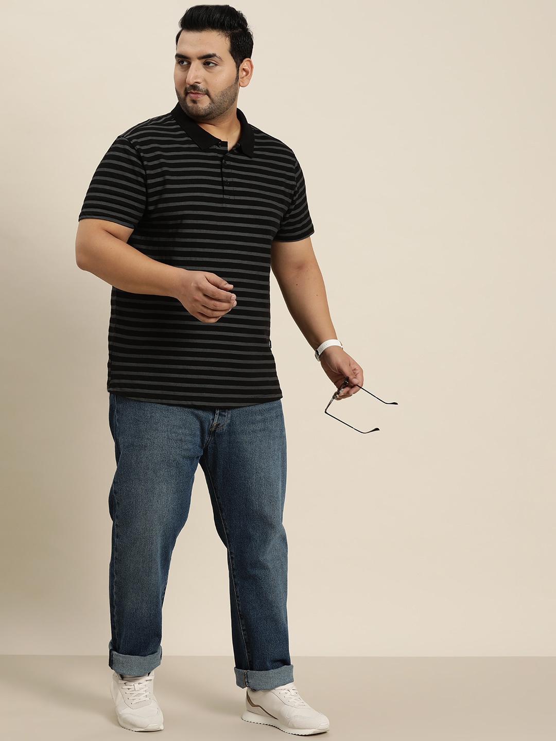

Sztori Plus Size Men Striped Polo Collar T-shirt, Black