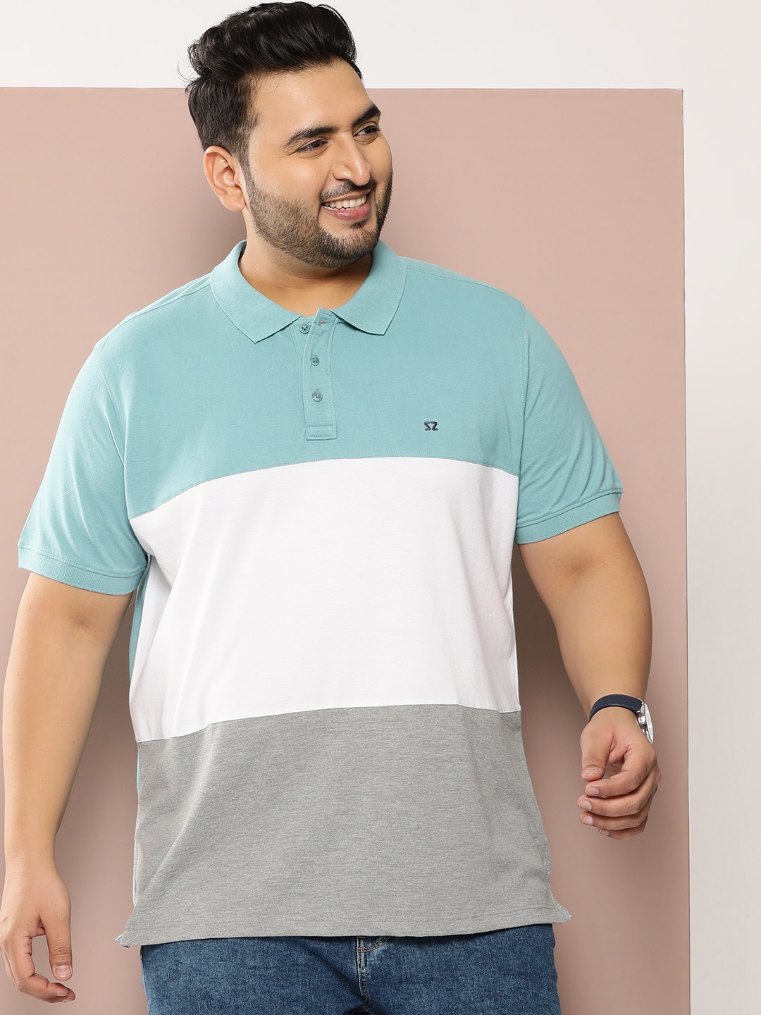 

Sztori Plus Size Colourblocked Pure Cotton Polo Collar T-shirt, Blue