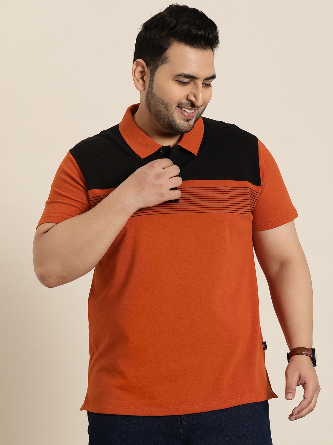 

Sztori Plus Size Colourblocked Polo Collar T-shirt, Orange