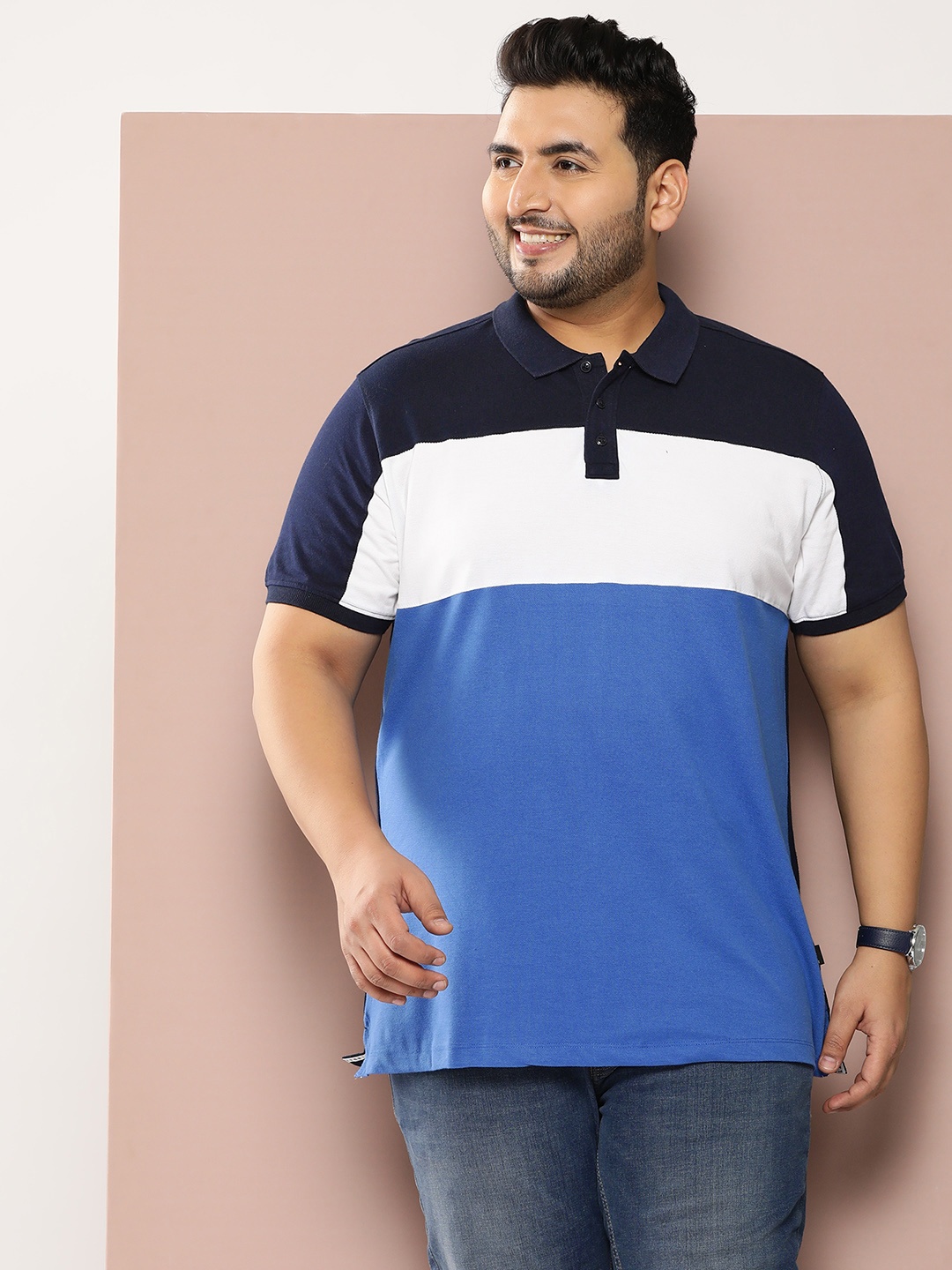 

Sztori Plus Size Colourblocked Pure Cotton Polo Collar T-shirt, Blue
