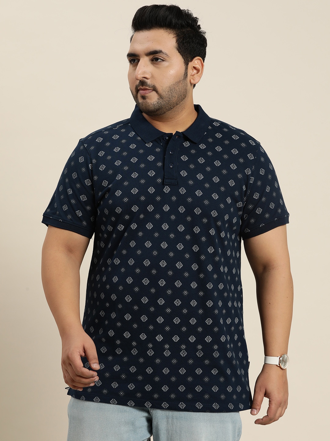 

Sztori Plus Size Printed Polo Collar Cotton T-shirt, Navy blue