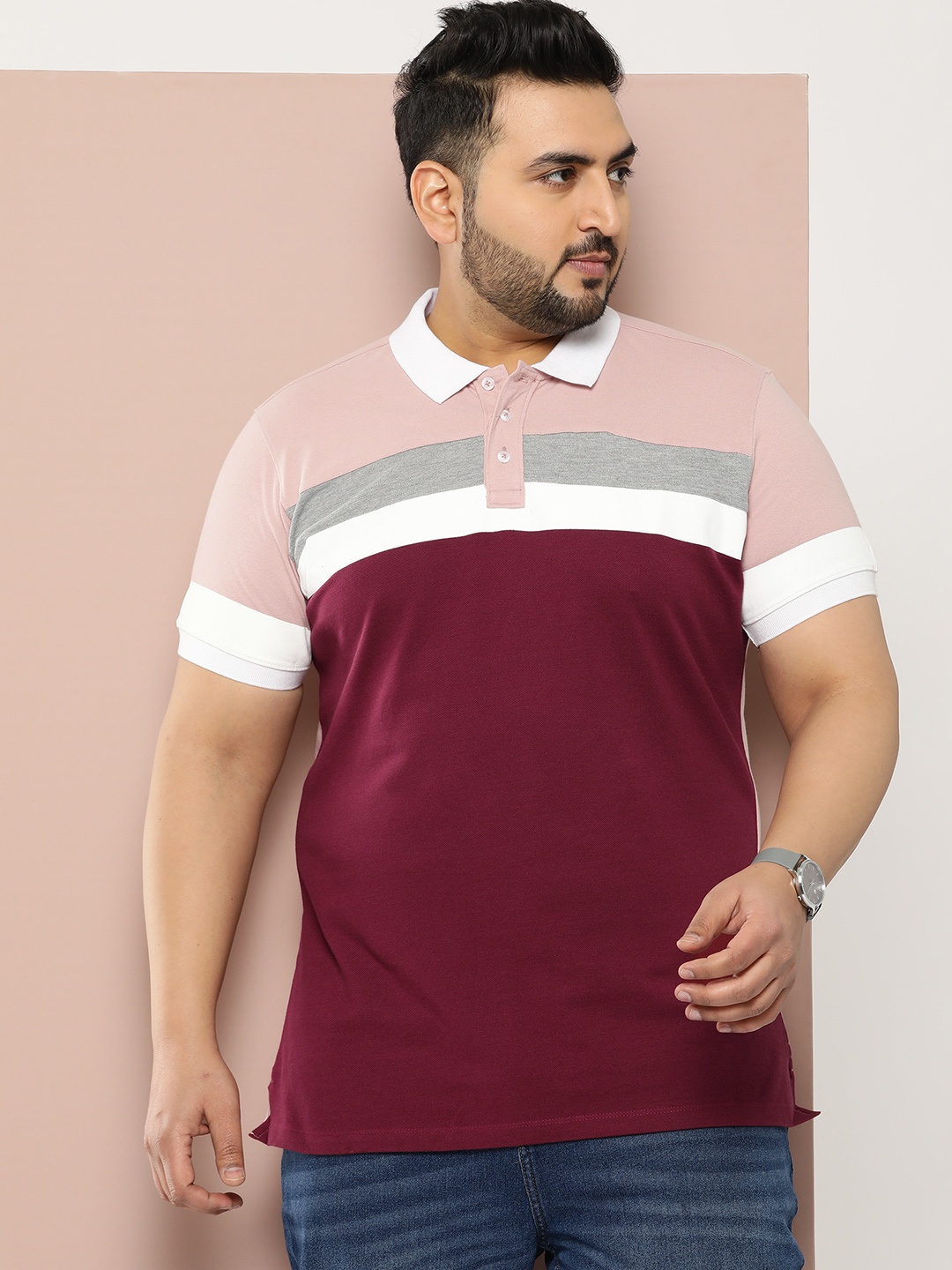 

Sztori Plus Size Colourblocked Pure Cotton Polo Collar T-shirt, Maroon