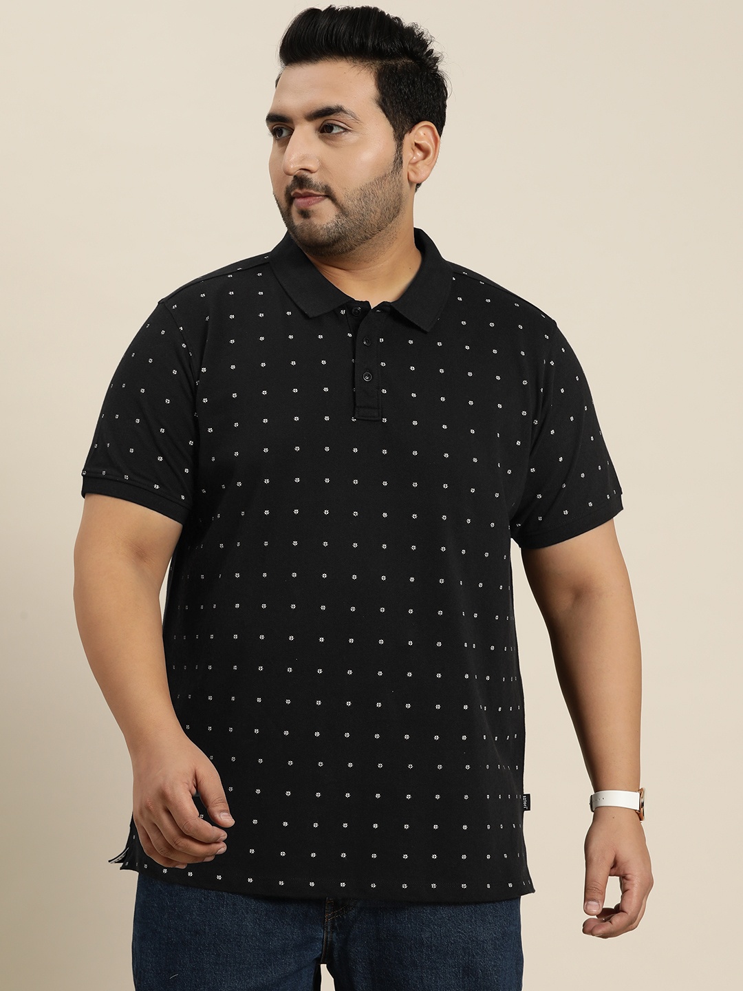 

Sztori Plus Size Printed Polo Collar Pure Cotton T-shirt, Black