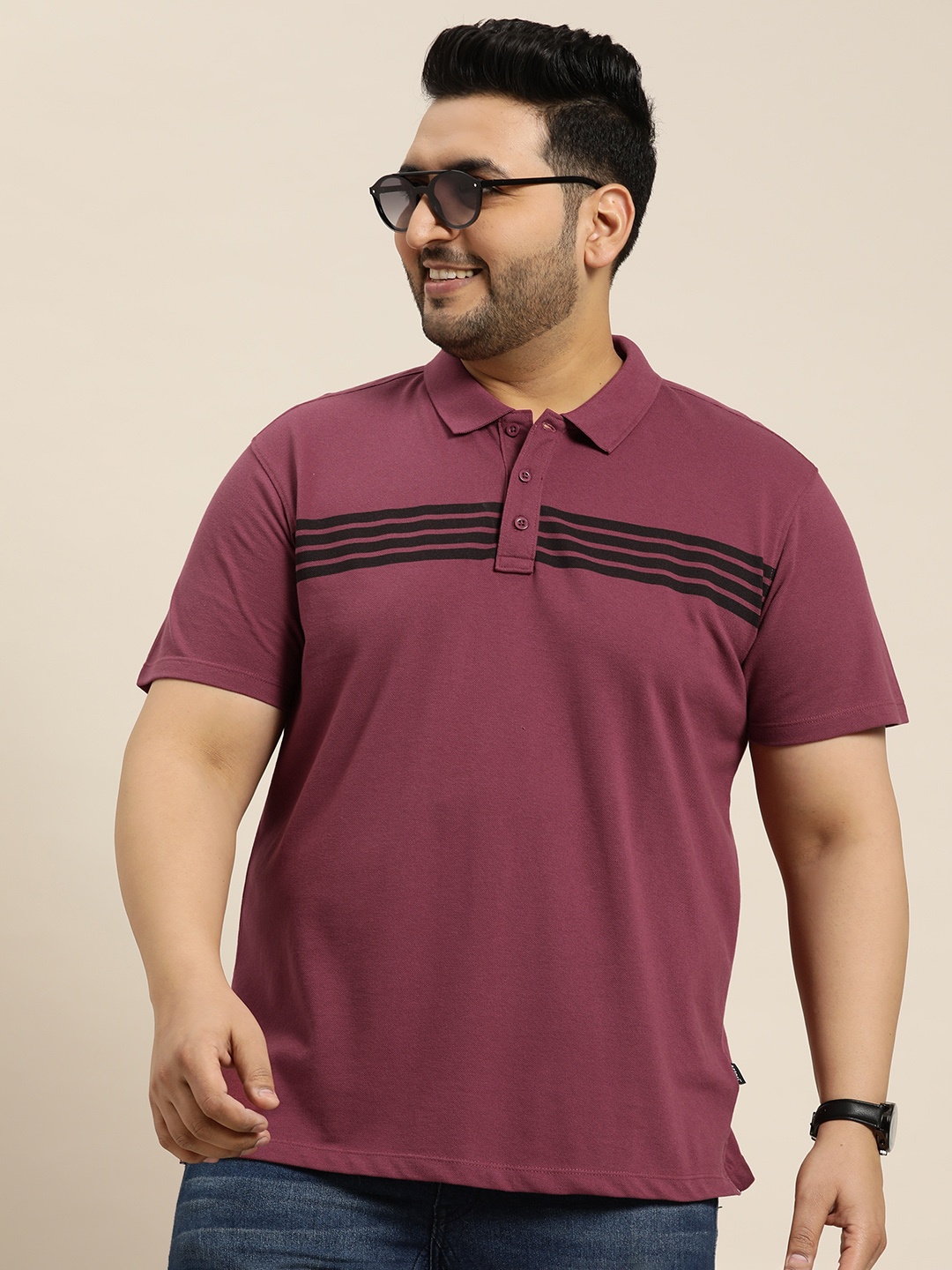 

Sztori Plus Size Striped Polo Collar T-shirt, Burgundy