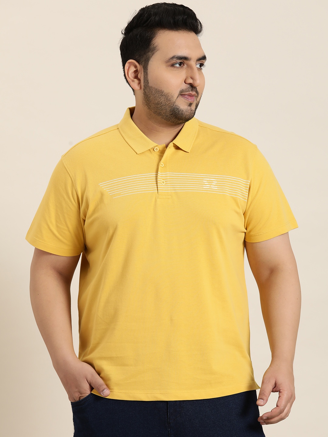 

Sztori Plus Size Striped Polo Collar T-shirt, Yellow