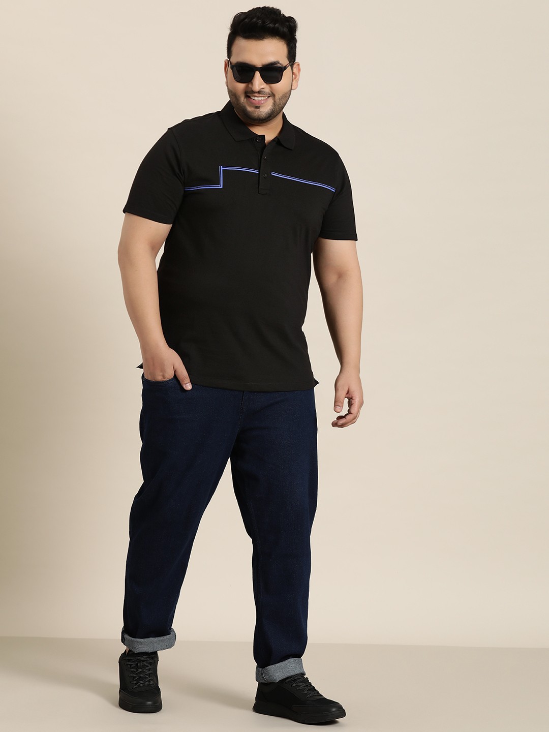 

Sztori Men Plus Size Printed Detail Polo Collar T-shirt, Black