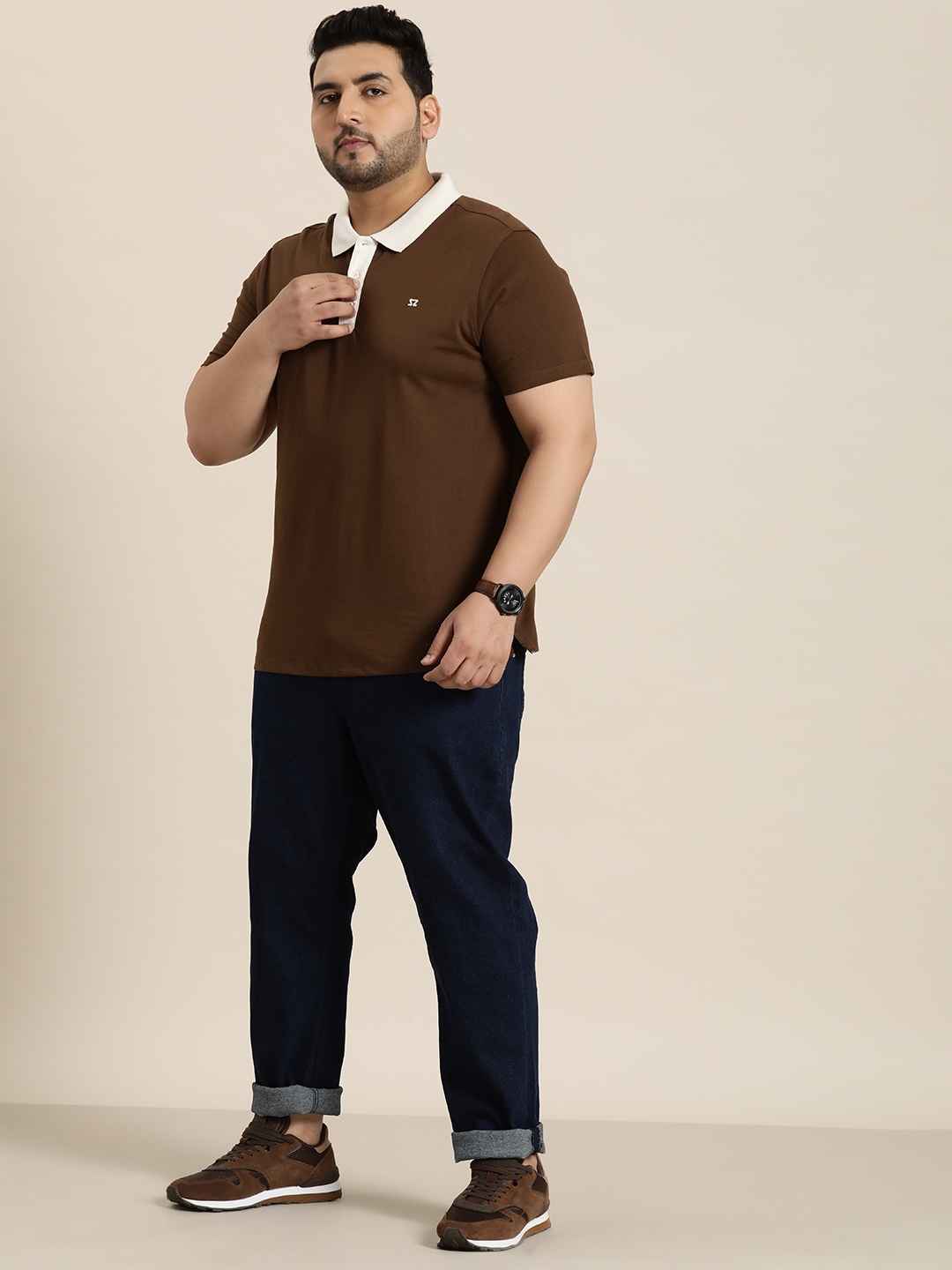

Sztori Plus Size Polo Collar T-shirt, Brown
