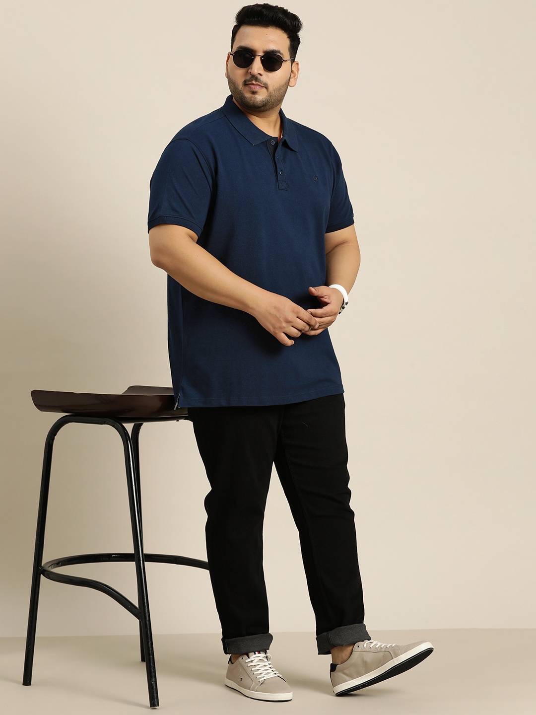 

Sztori Plus Size Pure Cotton Polo Collar T-shirt, Navy blue