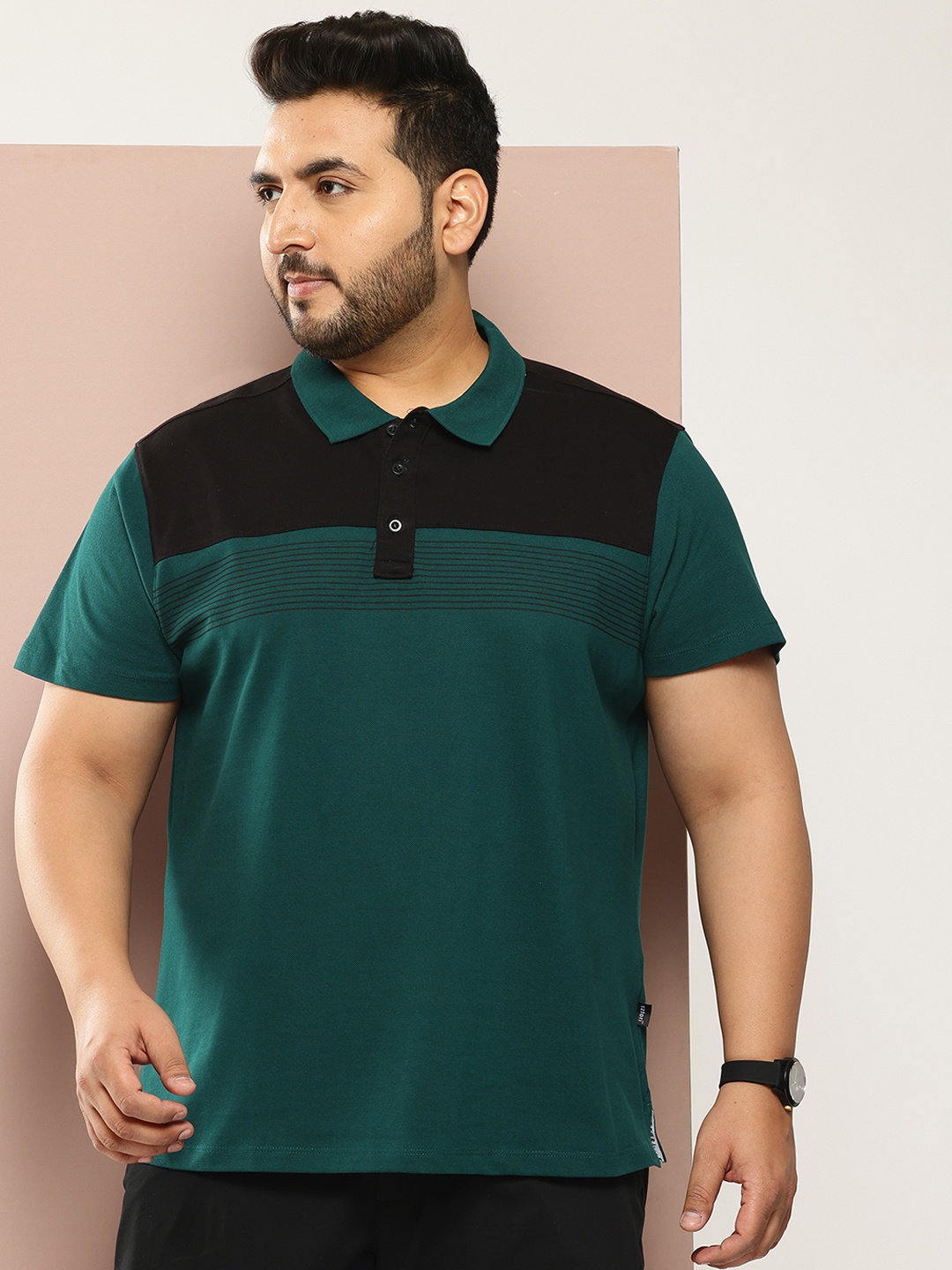 

Sztori Plus Size Colourblocked Polo Collar Pure Cotton T-shirt, Green