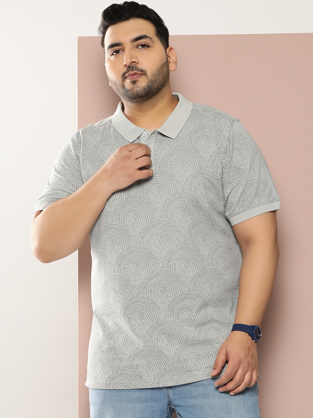 

Sztori Men Plus Size Printed Polo Collar Pure Cotton T-shirt, Grey