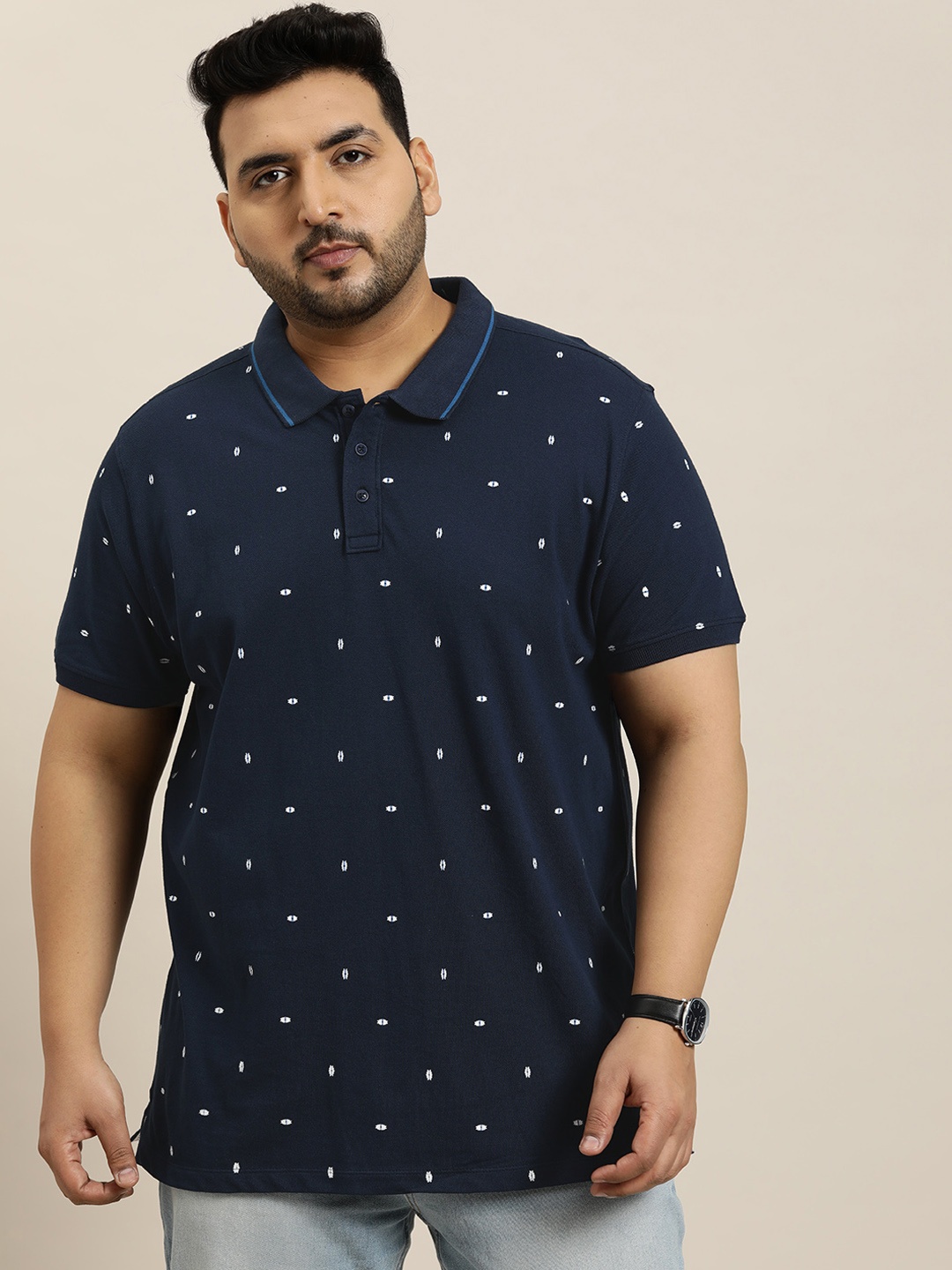 

Sztori Plus Size Printed Polo Collar Pure Cotton T-shirt, Navy blue