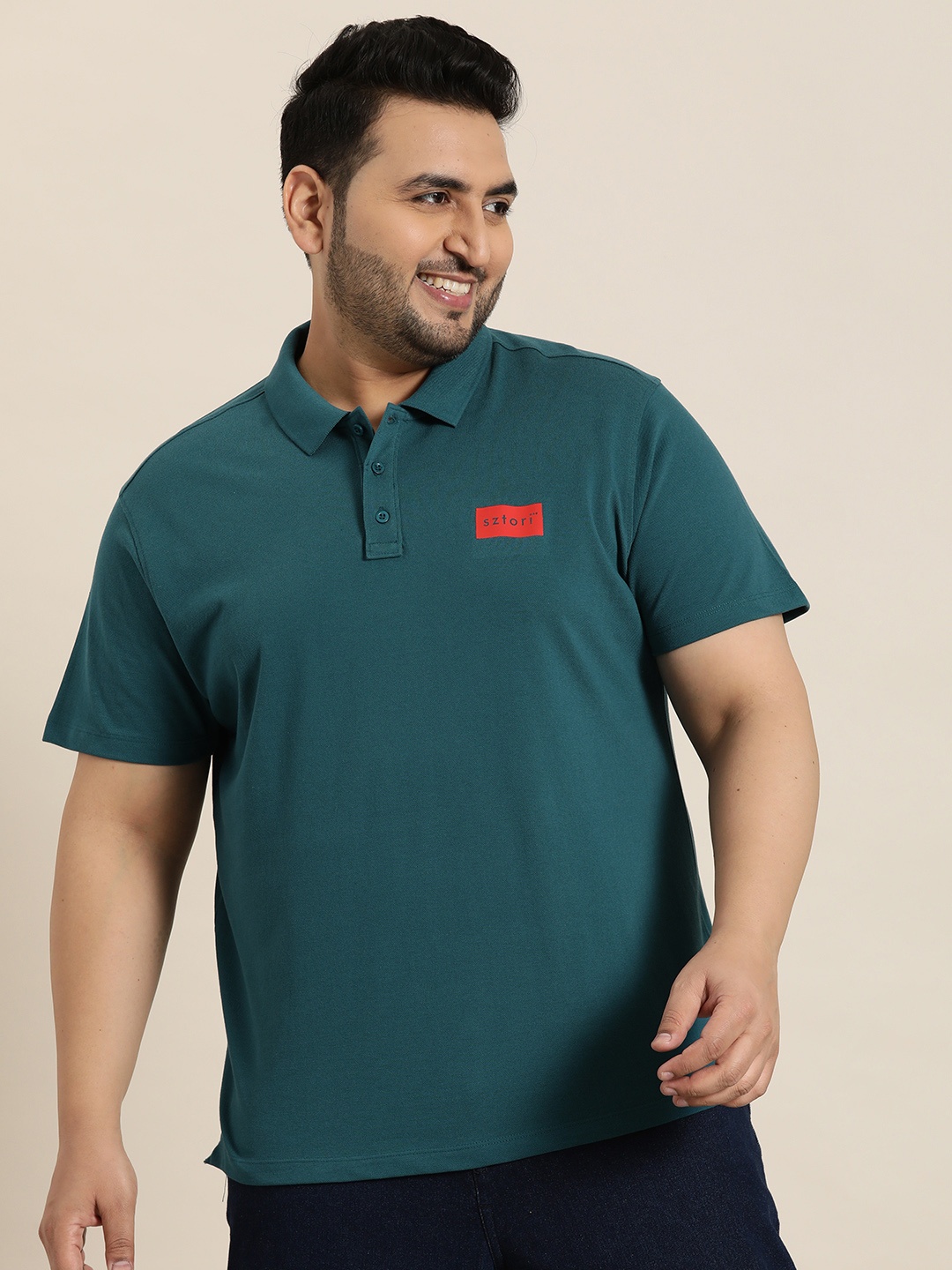 

Sztori Men Plus Size Brand Logo Print Detail Polo Collar T-shirt, Teal
