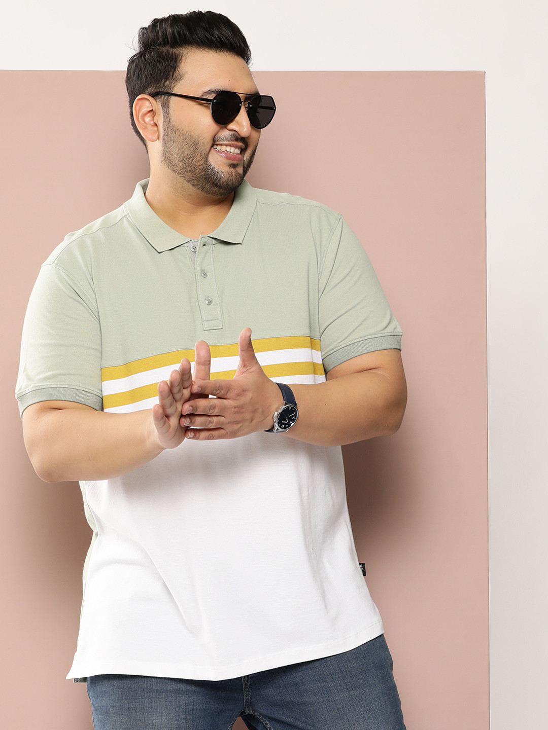 

Sztori Plus Size Colourblocked Pure Cotton Polo Collar T-shirt, White