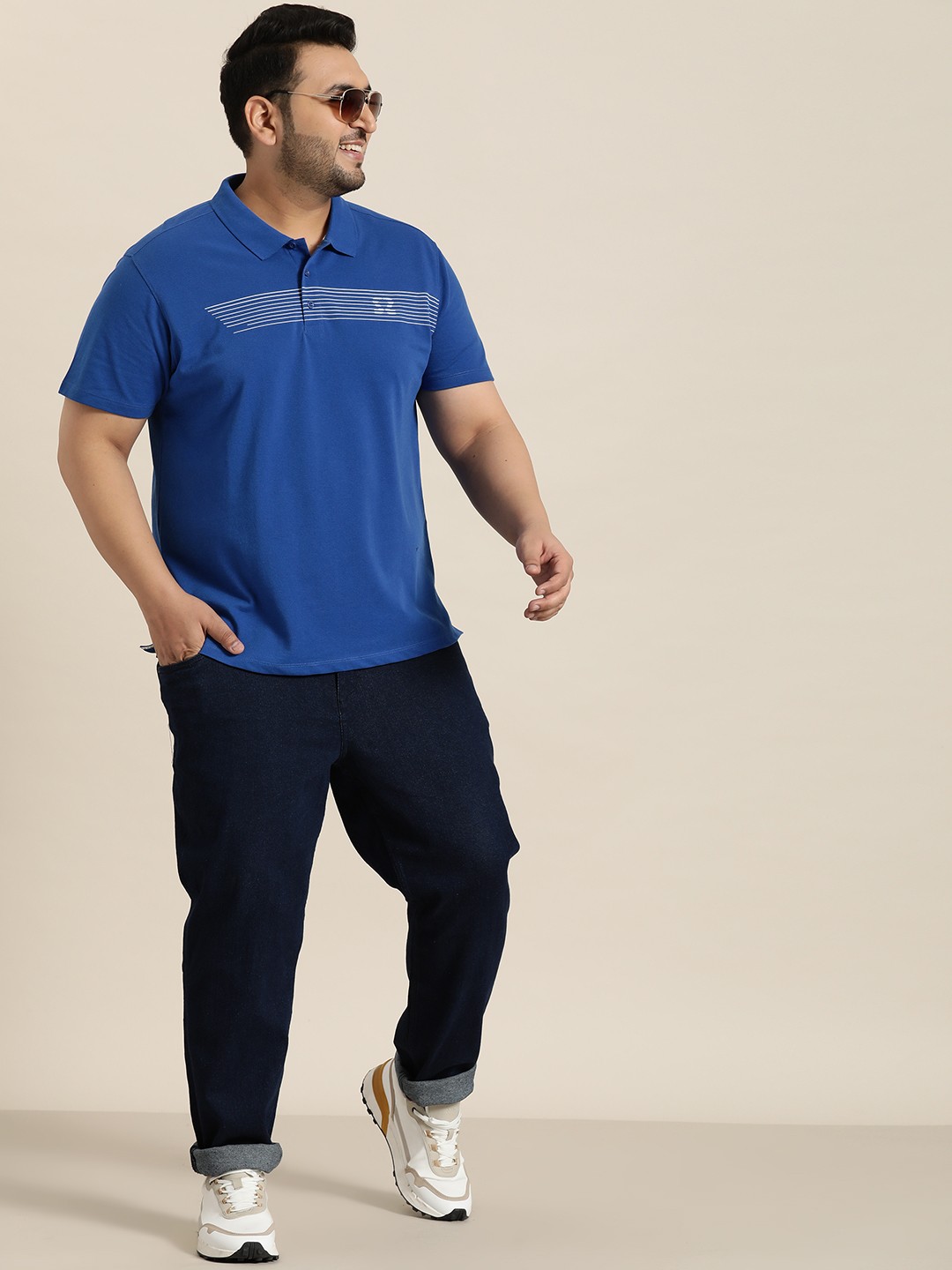 

Sztori Plus Size Striped Polo Collar T-shirt, Blue