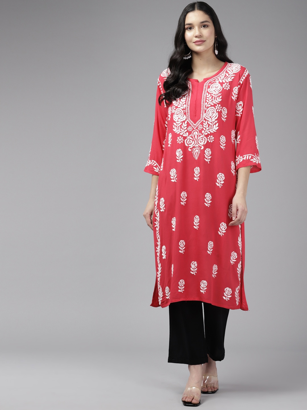 

ADA Women Ethnic Motifs Embroidered Chikankari Floral Kurta, Pink