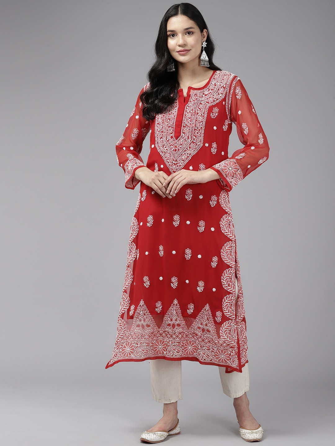 

ADA Women Ethnic Motifs Embroidered Chikankari Floral Kurta With Slip, Red