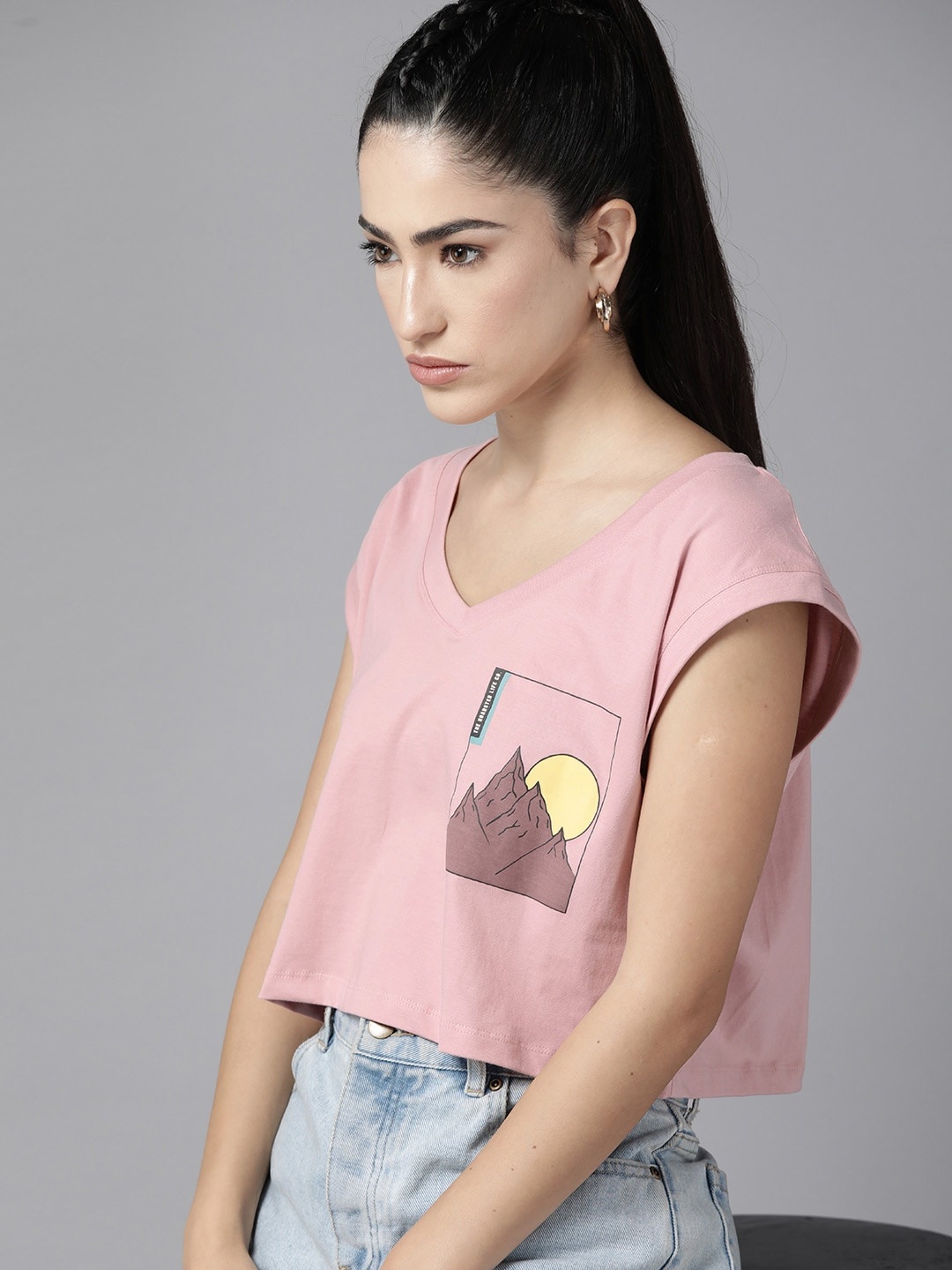 

The Roadster Lifestyle Co. Printed Pure Cotton Boxy T-shirt, Pink