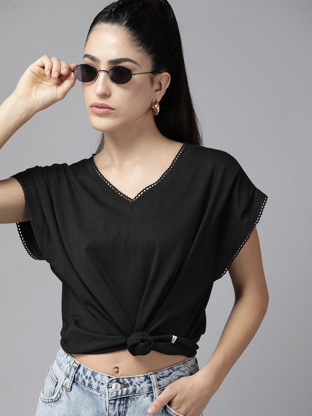 

The Roadster Lifestyle Co. Extended Sleeves Relaxed Fit Pure Cotton T-shirt, Black