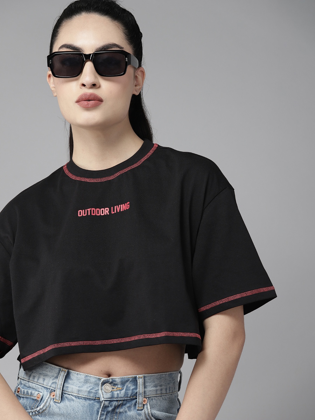 The Roadster Lifestyle Co. Typography Drop-Shoulder Cotton Super Crop Boxy T-shirt, Black