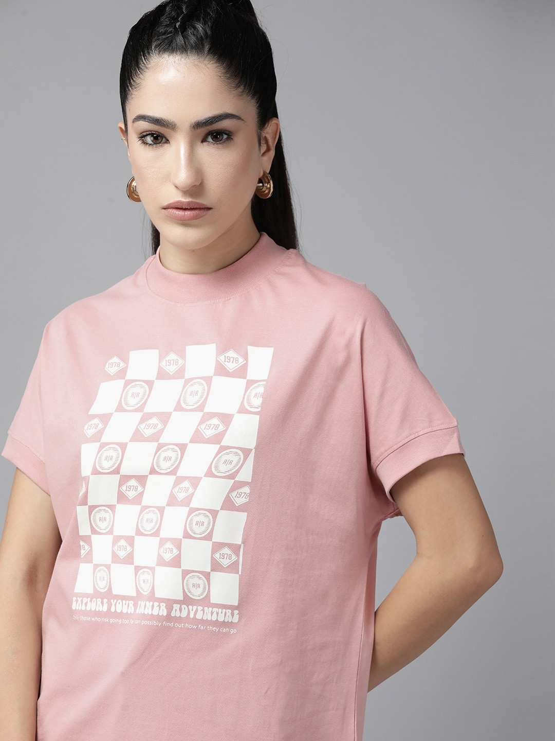 

The Roadster Lifestyle Co. Printed Oversized Fit Pure Cotton T-shirt, Pink