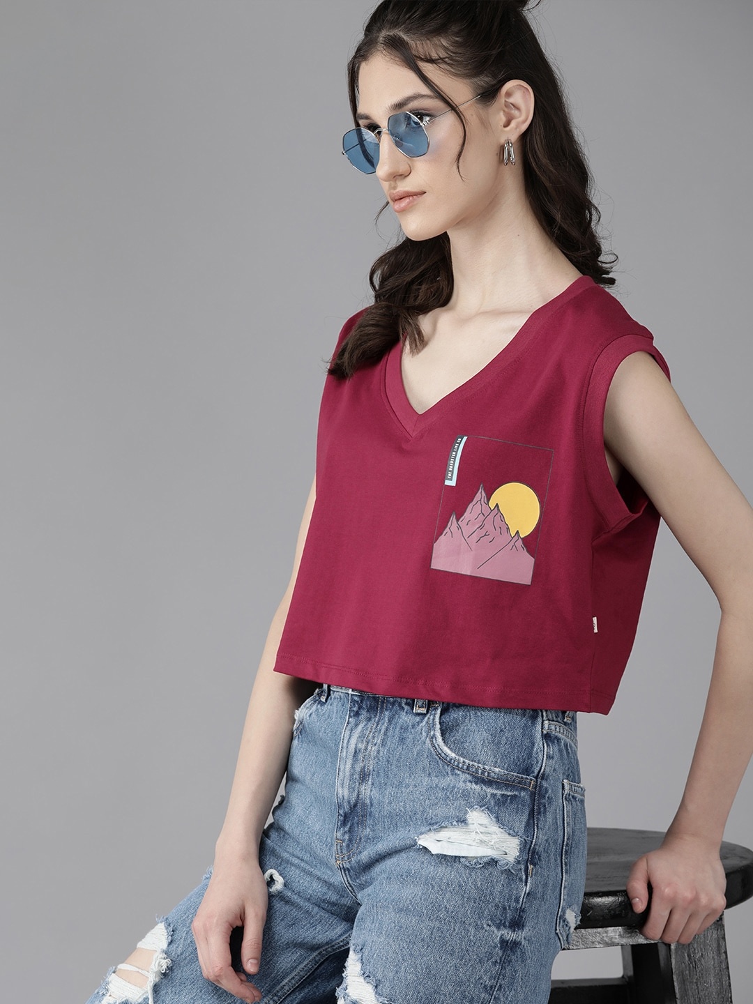 

The Roadster Lifestyle Co. Women Printed V-Neck Extended Sleeves Pure Cotton Boxy T-shirt, Maroon