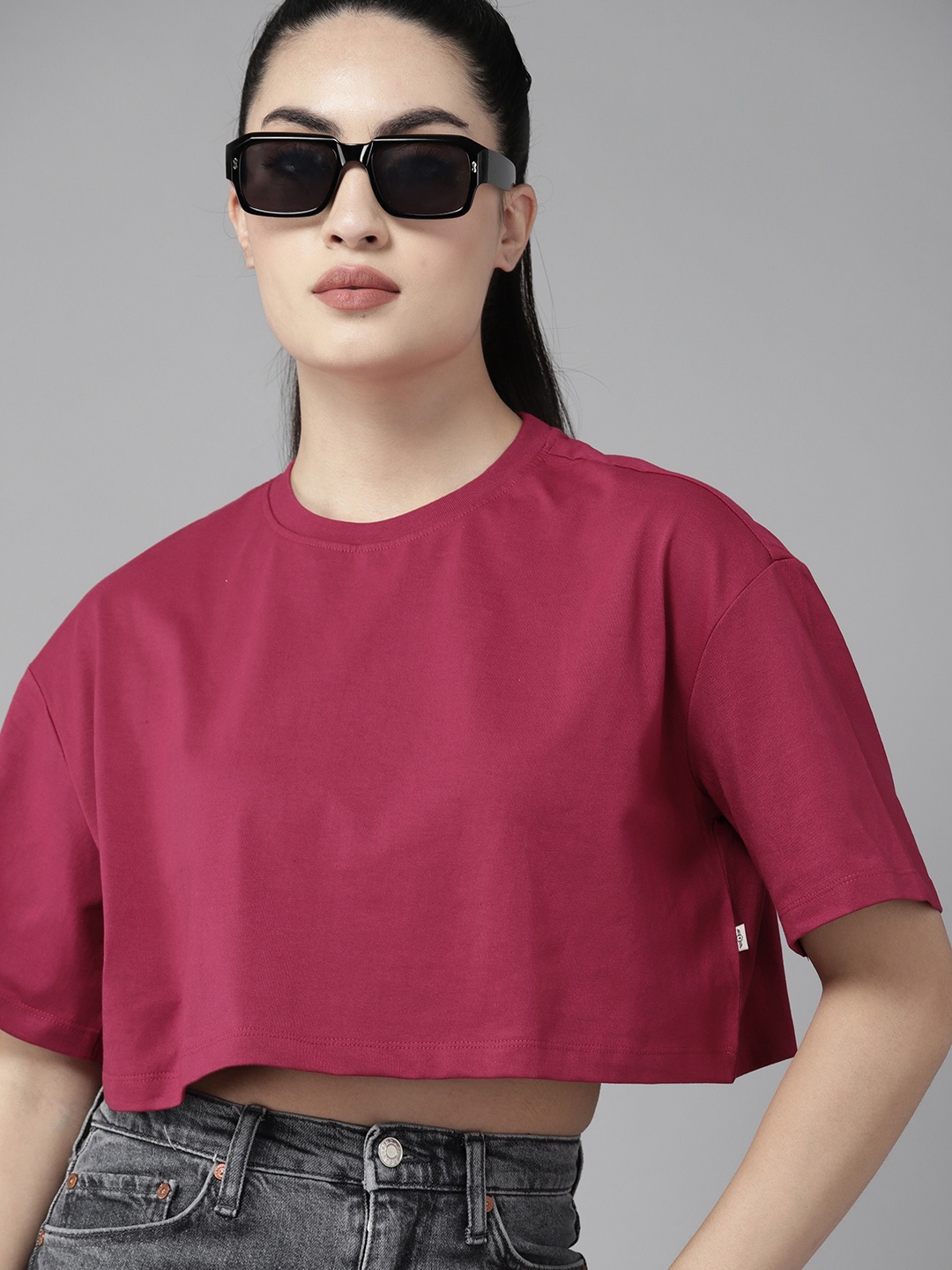 

The Roadster Lifestyle Co. Drop-Shoulder Sleeves Cotton Boxy Super Crop T-shirt, Pink