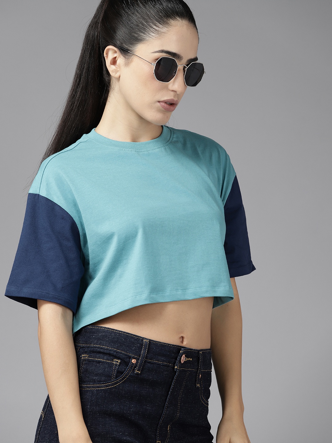 

The Roadster Lifestyle Co. Colourblocked Cotton Boxy Super Cropped T-shirt, Blue