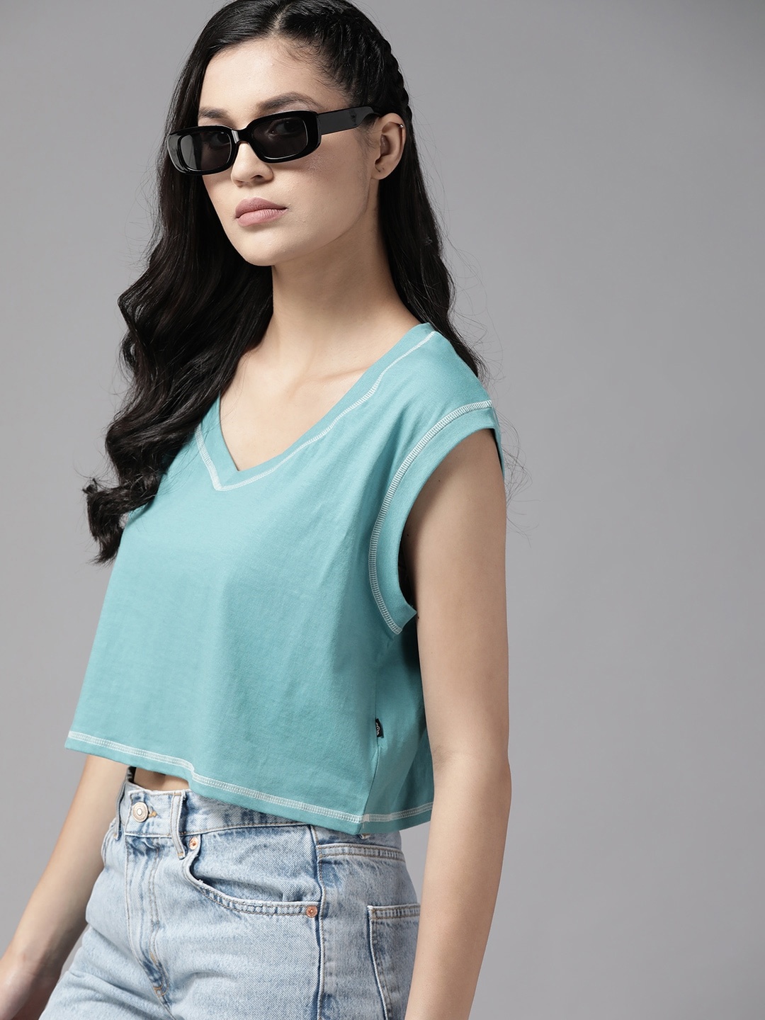 

The Roadster Lifestyle Co. Pure Cotton Boxy Crop T-shirt, Blue