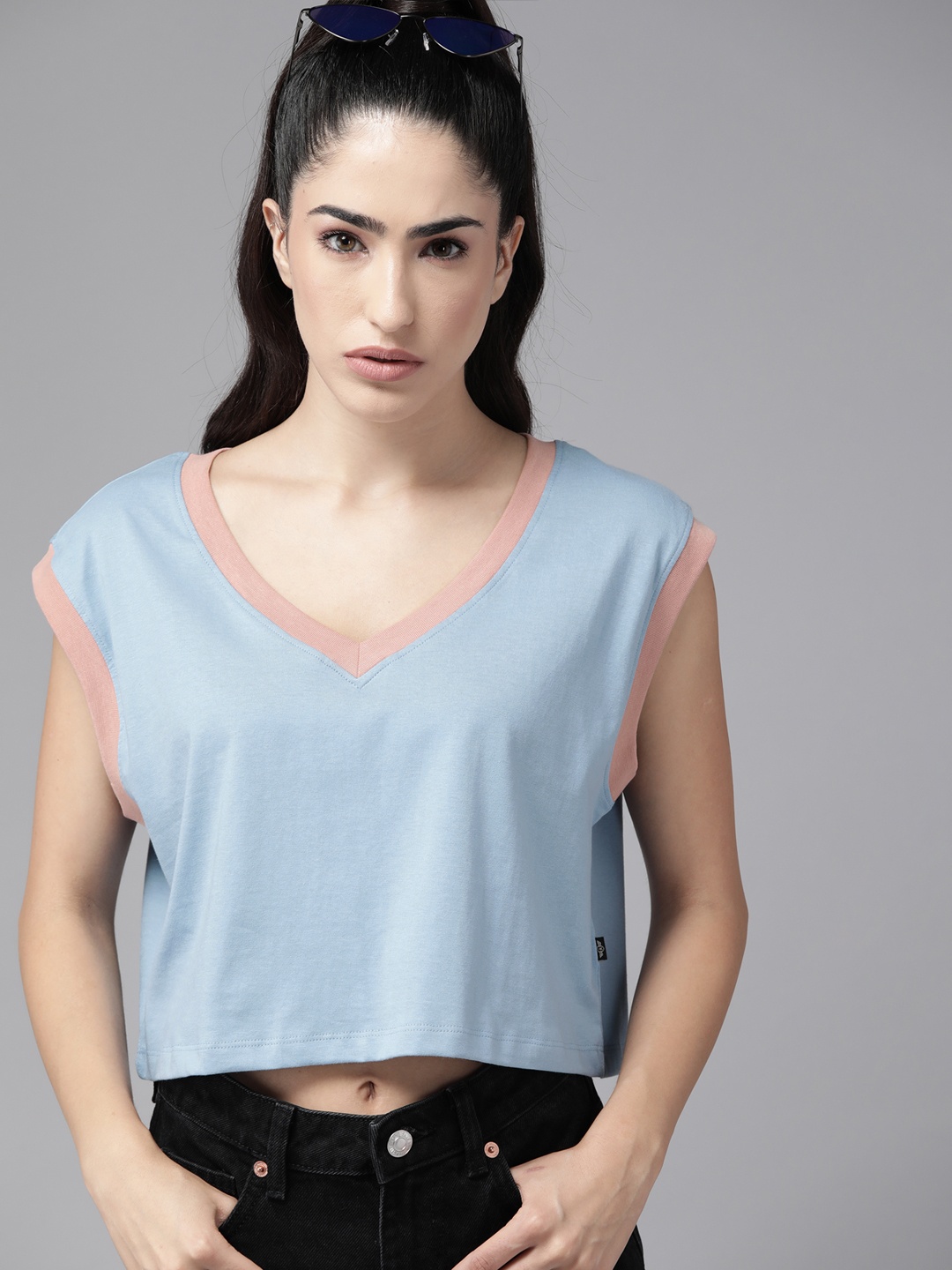 

The Roadster Lifestyle Co. Extended Sleeves Pure Cotton Boxy Crop T-shirt, Blue