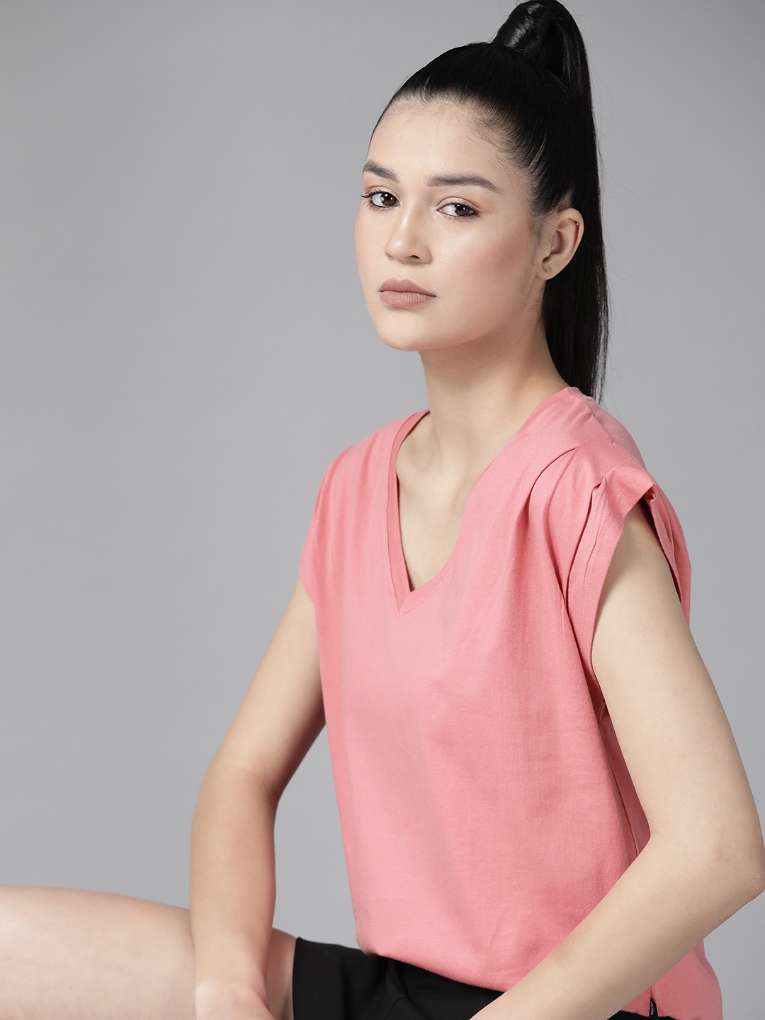 

Roadster The Lifestyle Co. Women V-Neck Extended Sleeves Pure Cotton T-shirt, Pink