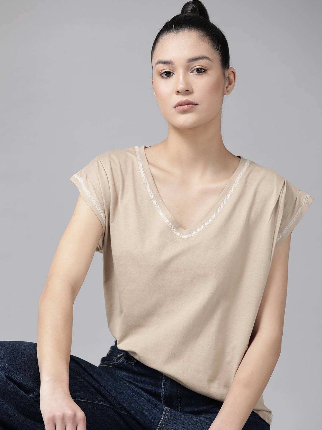 

Roadster The Lifestyle Co. Women V-Neck Extended Sleeves Pure Cotton T-shirt, Beige