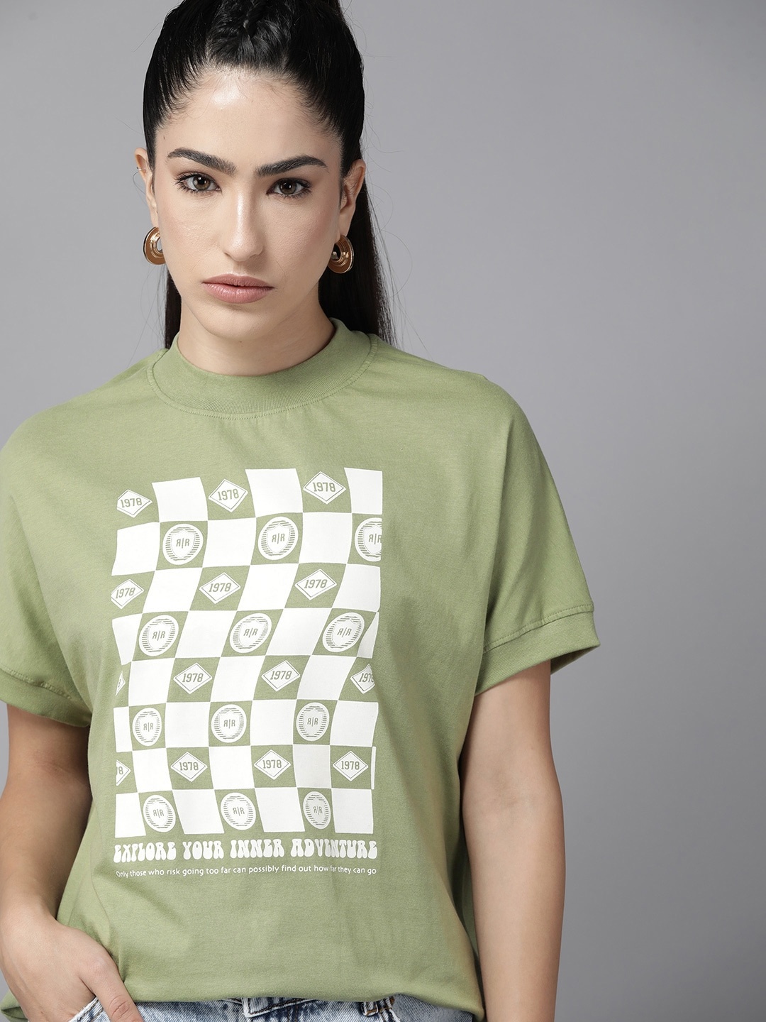 

The Roadster Lifestyle Co.Printed Oversized Pure Cotton T-shirt, Olive