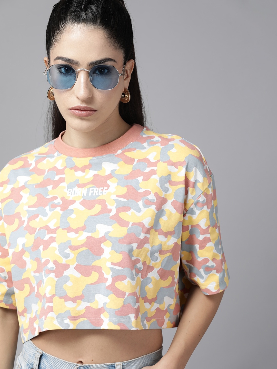 

The Roadster Lifestyle Co. Camouflage Printed Pure Cotton Boxy Crop T-shirt, White