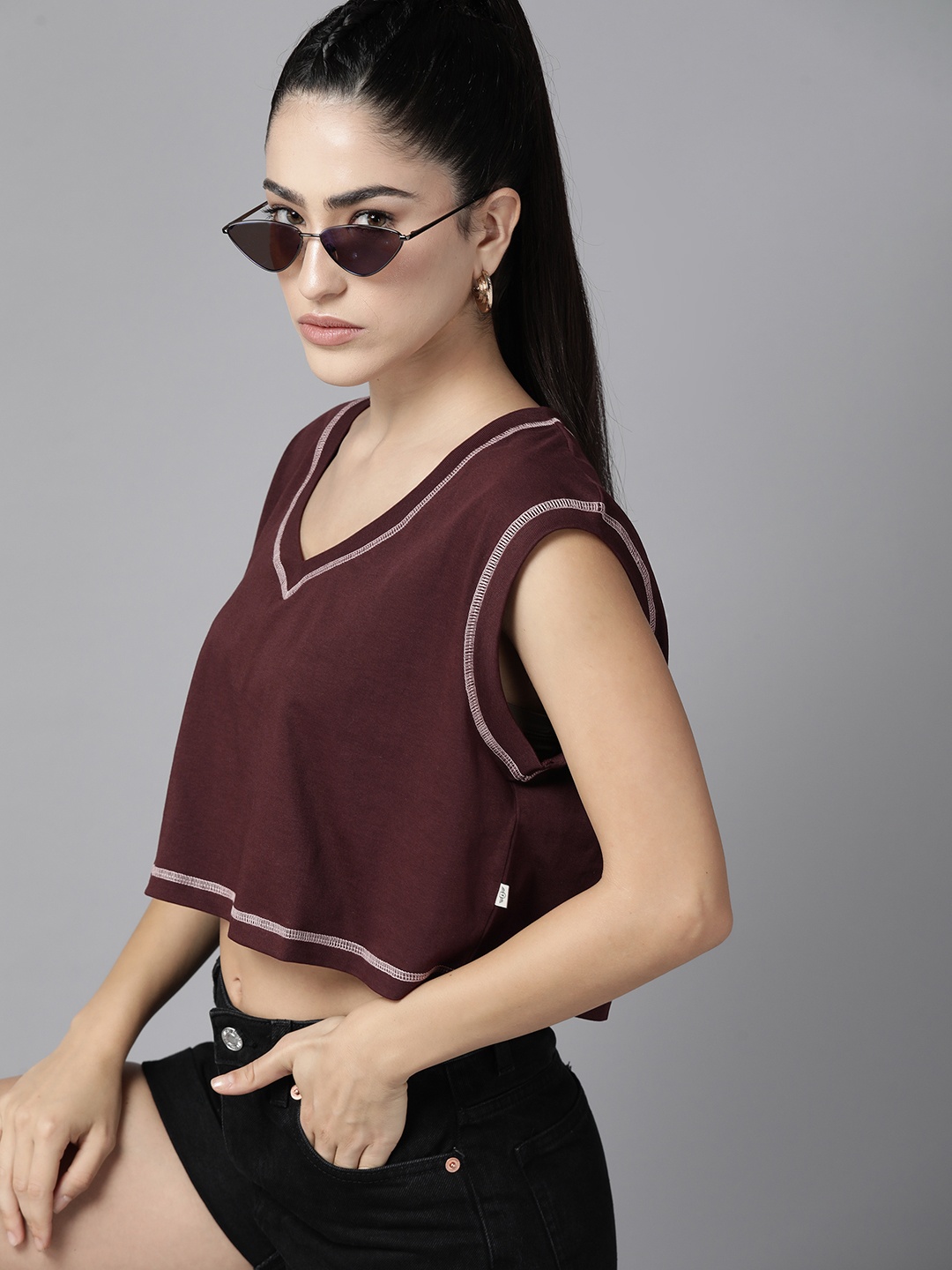 

The Roadster Lifestyle Co. Extended Sleeves Pure Cotton Boxy Crop T-shirt, Brown