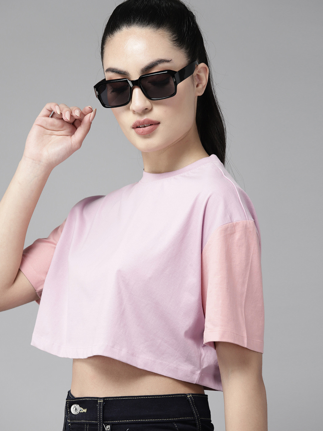 

The Roadster Lifestyle Co. Drop-Shoulder Sleeves Pure Cotton Boxy Super Crop T-shirt, Pink