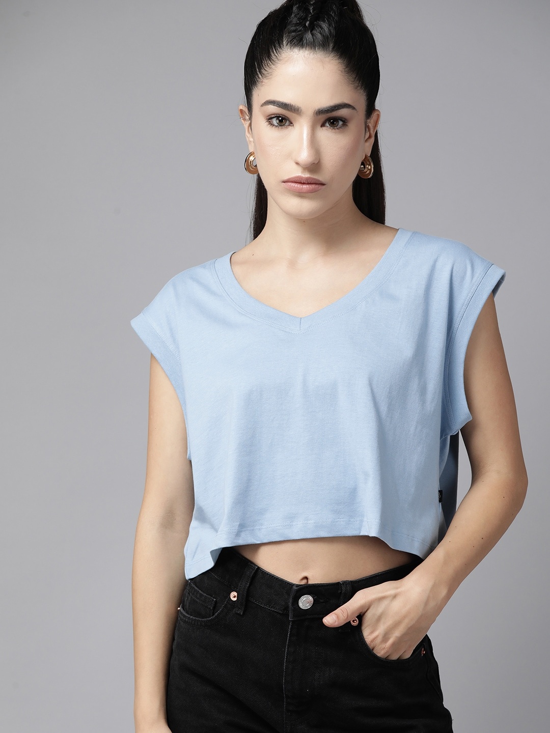 

The Roadster Lifestyle Co. Extended Sleeves Pure Cotton Boxy Crop T-shirt, Blue