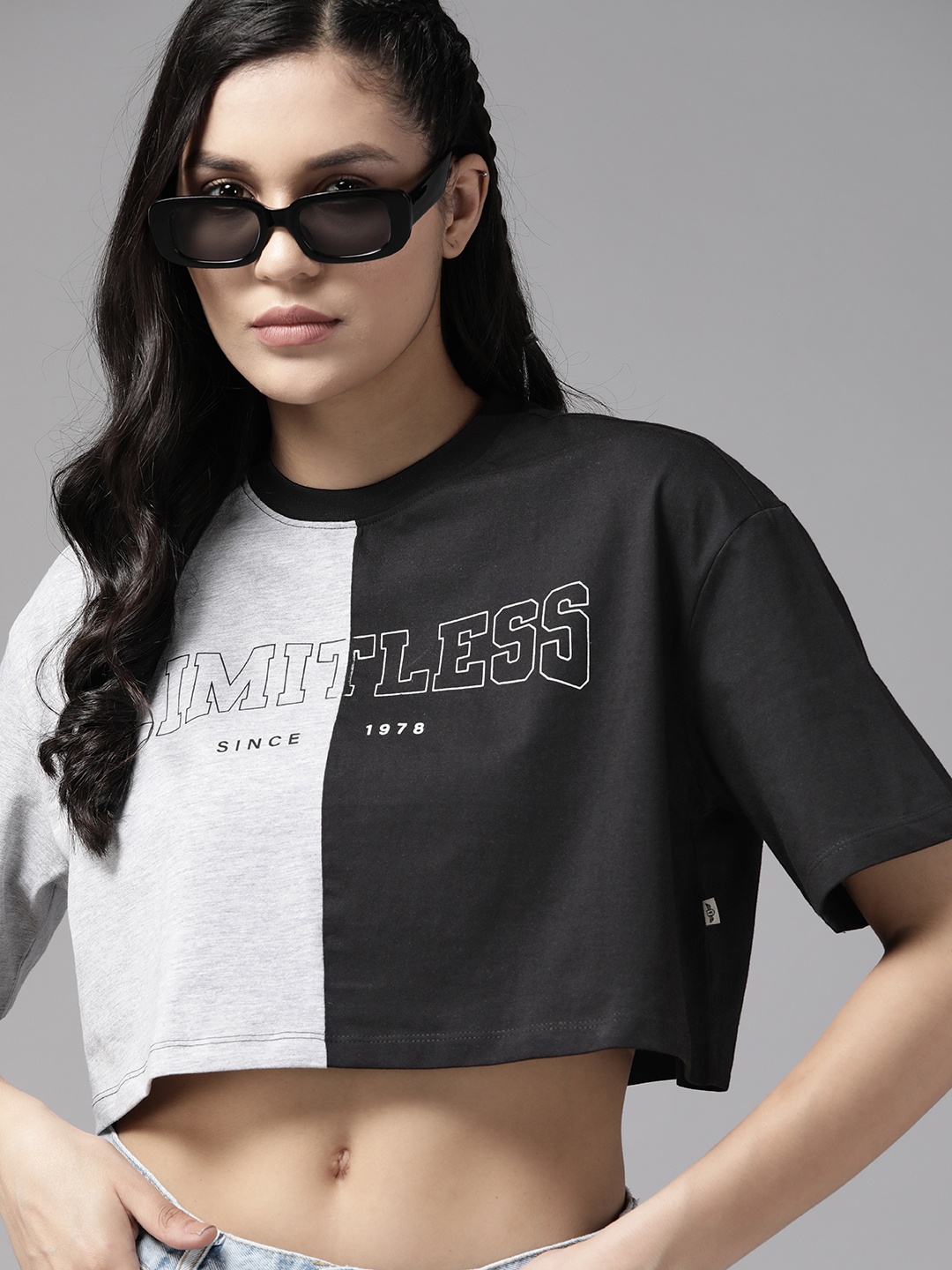 

The Roadster Lifestyle Co. Colourblocked Pure Cotton Boxy Super Crop T-shirt, Black