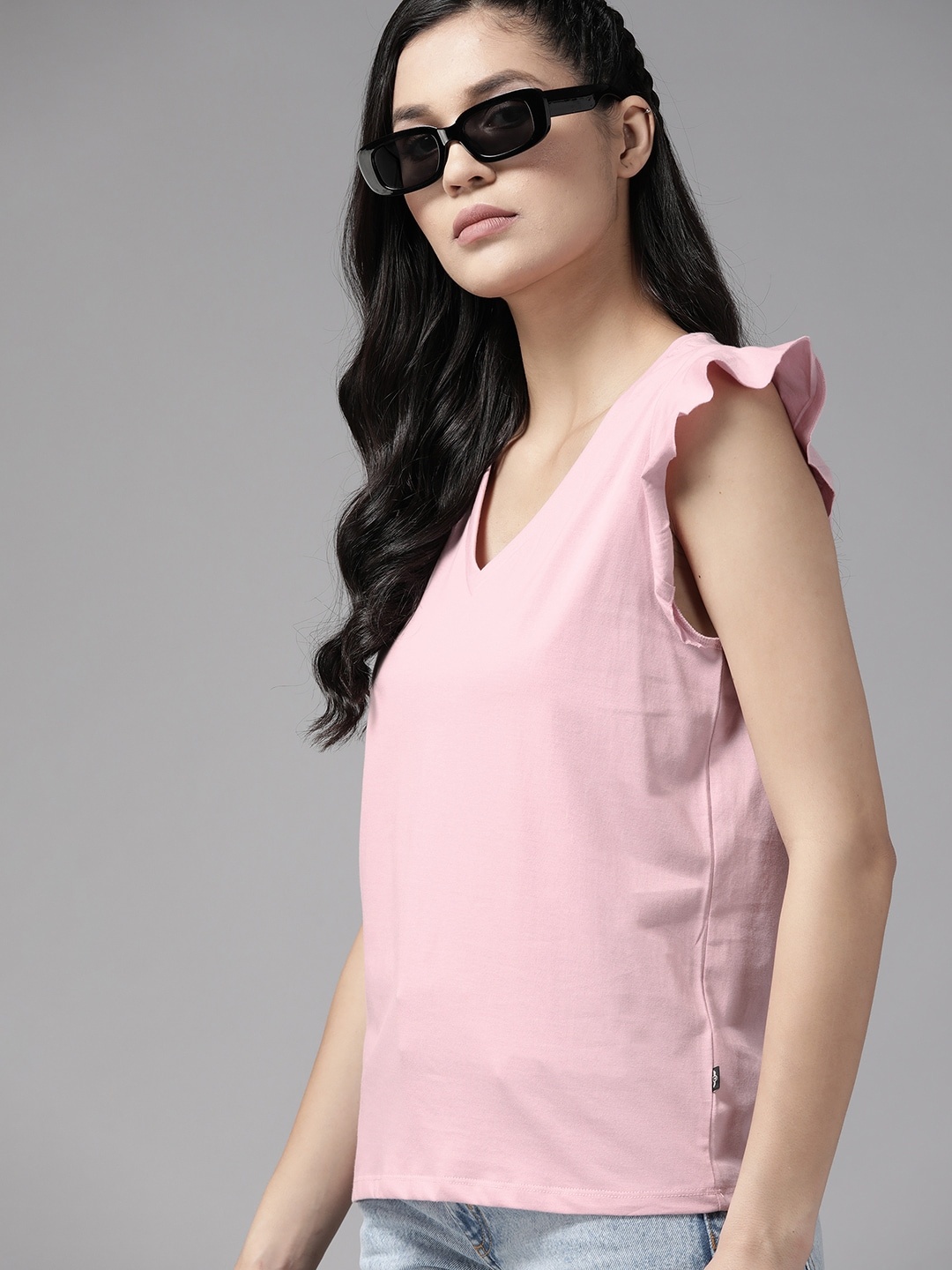 

The Roadster Lifestyle Co. Flutter Sleeves Pure Cotton Relaxed Fit T-shirt, Lavender
