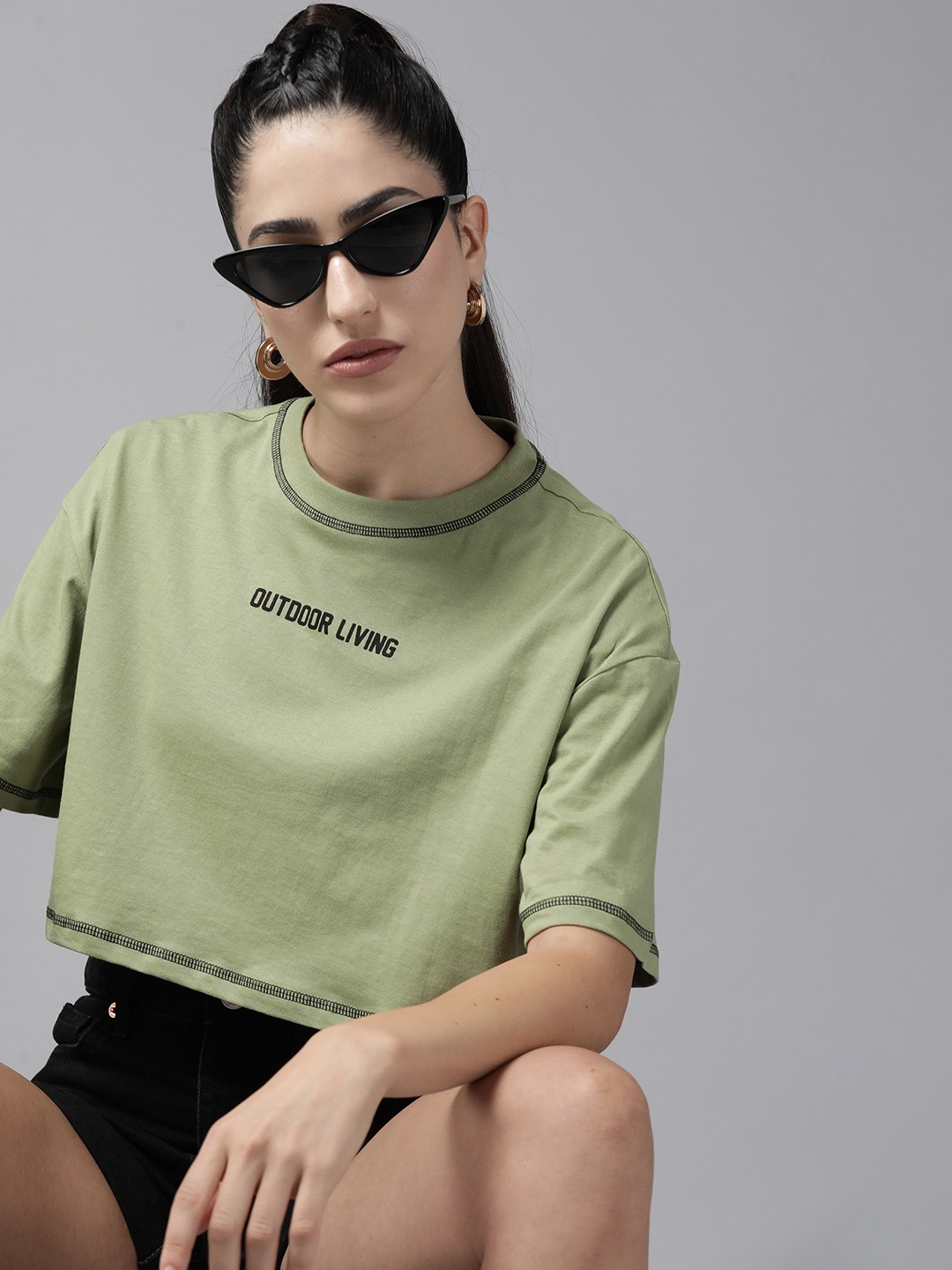 

The Roadster Lifestyle Co. Pure Cotton Boxy Crop T-shirt, Olive