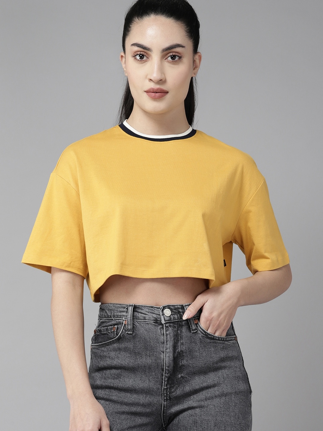 

The Roadster Lifestyle Co. Drop-Shoulder Sleeves Pure Cotton Boxy Super Crop T-shirt, Yellow