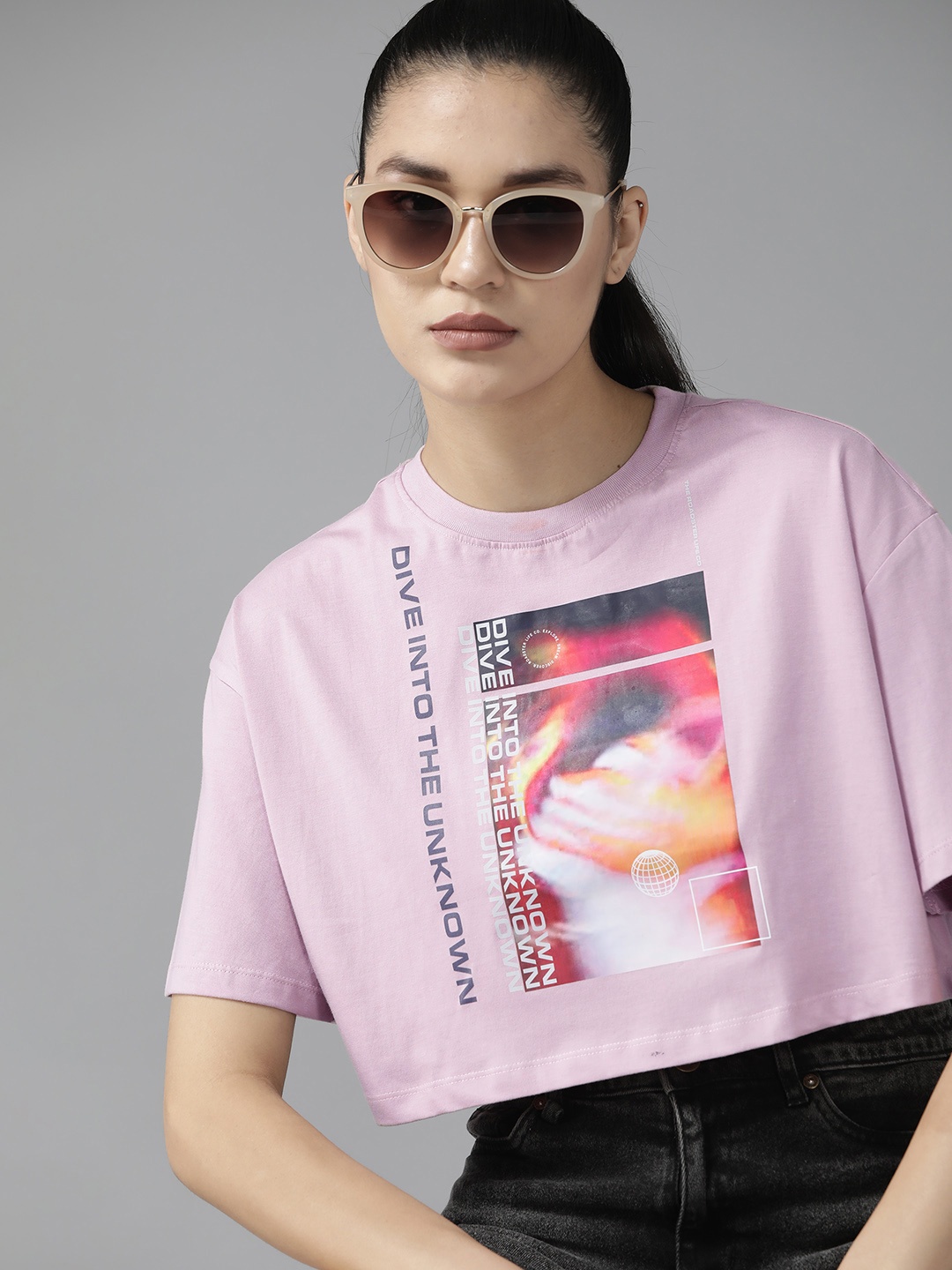 

The Roadster Lifestyle Co. Printed Drop-Shoulder Sleeves Pure Cotton T-shirt, Pink