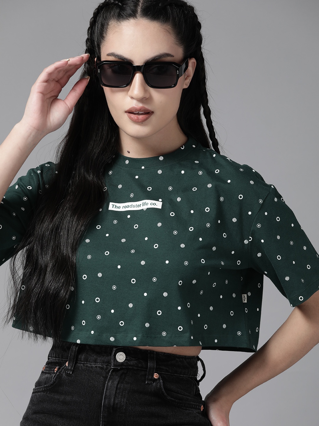 

The Roadster Lifestyle Co. Printed Drop-Shoulder Sleeves Pure Cotton Super Crop T-shirt, Green