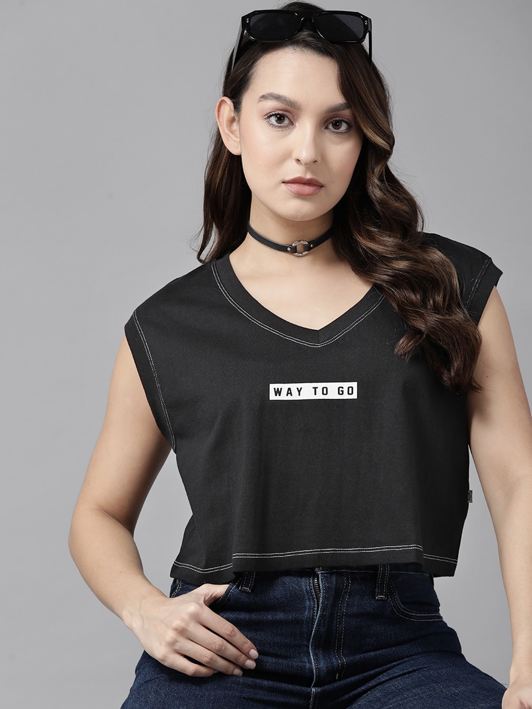 

The Roadster Lifestyle Co. Pure Cotton V-Neck Extended Sleeves Boxy T-shirt, Black