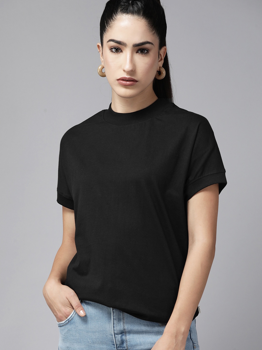 

The Roadster Lifestyle Co. Oversized High Neck Extended Sleeves Pure Cotton T-shirt, Black