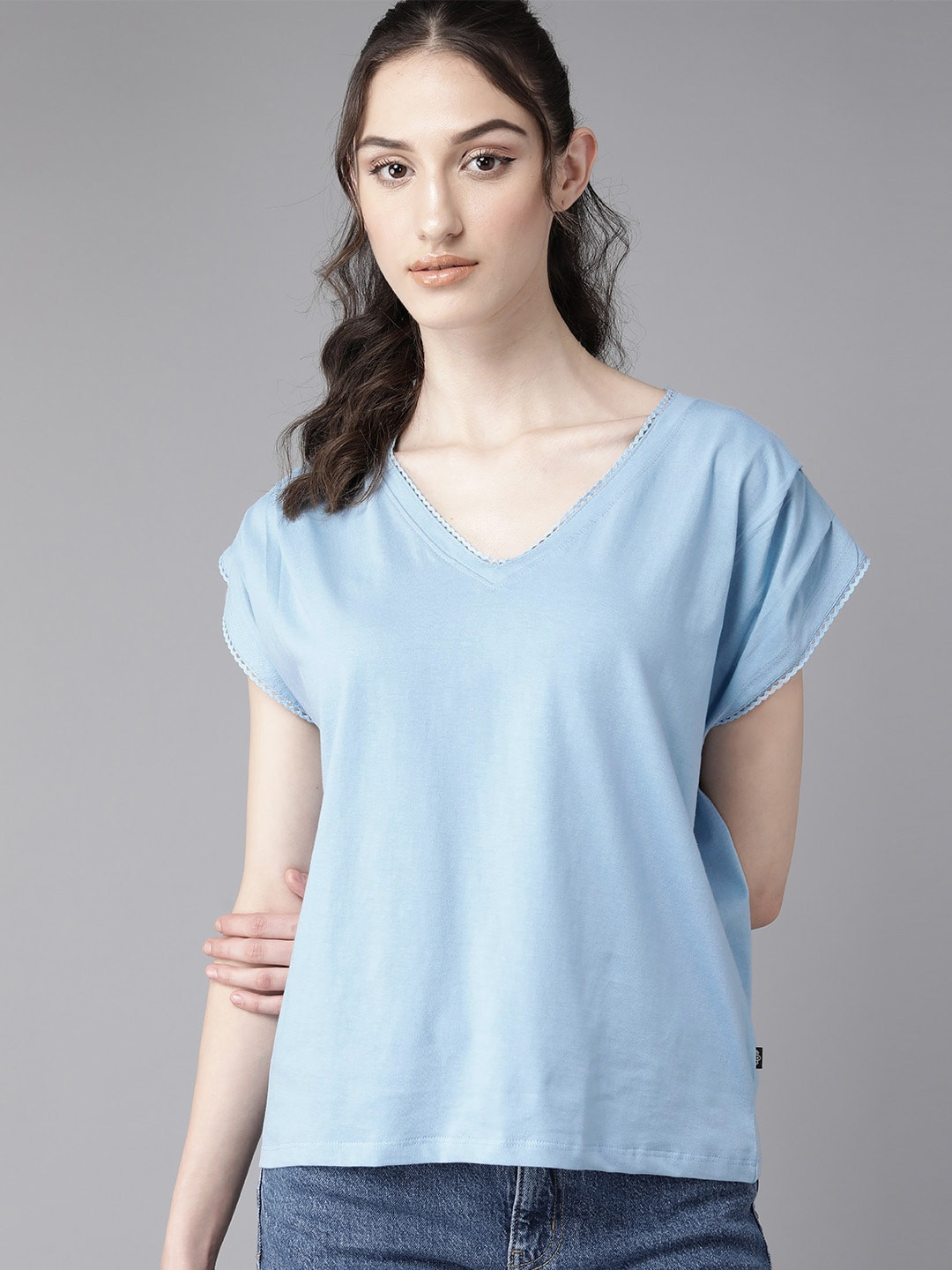 

Roadster The Lifestyle Co. V-Neck Extended Sleeves Pure Cotton T-shirt, Blue